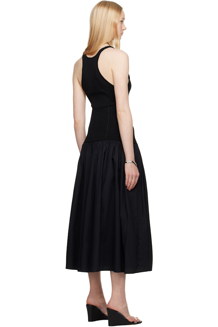 Knit rayon and lightweight cotton poplin midi dress.

· Paneled construction
· Plunging scoop neck
· Pointelle stripes at bodice
· Gathering at waist
· Seam pockets
· Racer back

Supplier color: Black