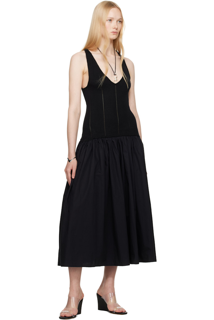 Knit rayon and lightweight cotton poplin midi dress.

· Paneled construction
· Plunging scoop neck
· Pointelle stripes at bodice
· Gathering at waist
· Seam pockets
· Racer back

Supplier color: Black