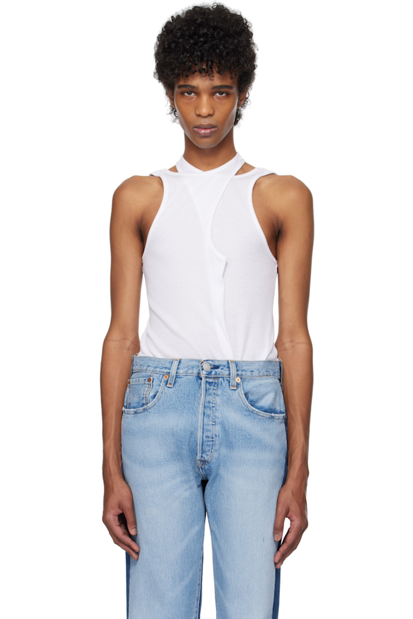Rib-knit cotton tank top.

· Crewneck 
· Logo hardware at side seam
· Criss-crossing shoulder straps 

Supplier color: White
