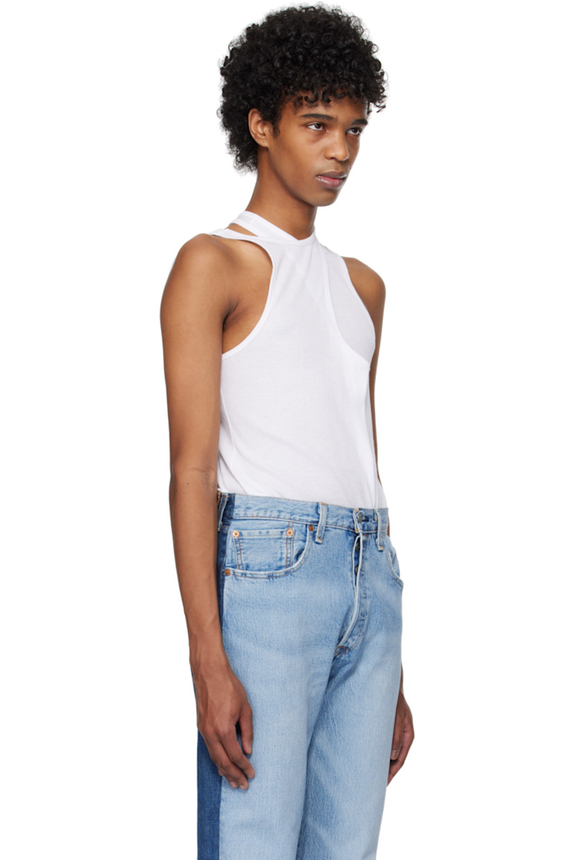 Rib-knit cotton tank top.

· Crewneck 
· Logo hardware at side seam
· Criss-crossing shoulder straps 

Supplier color: White