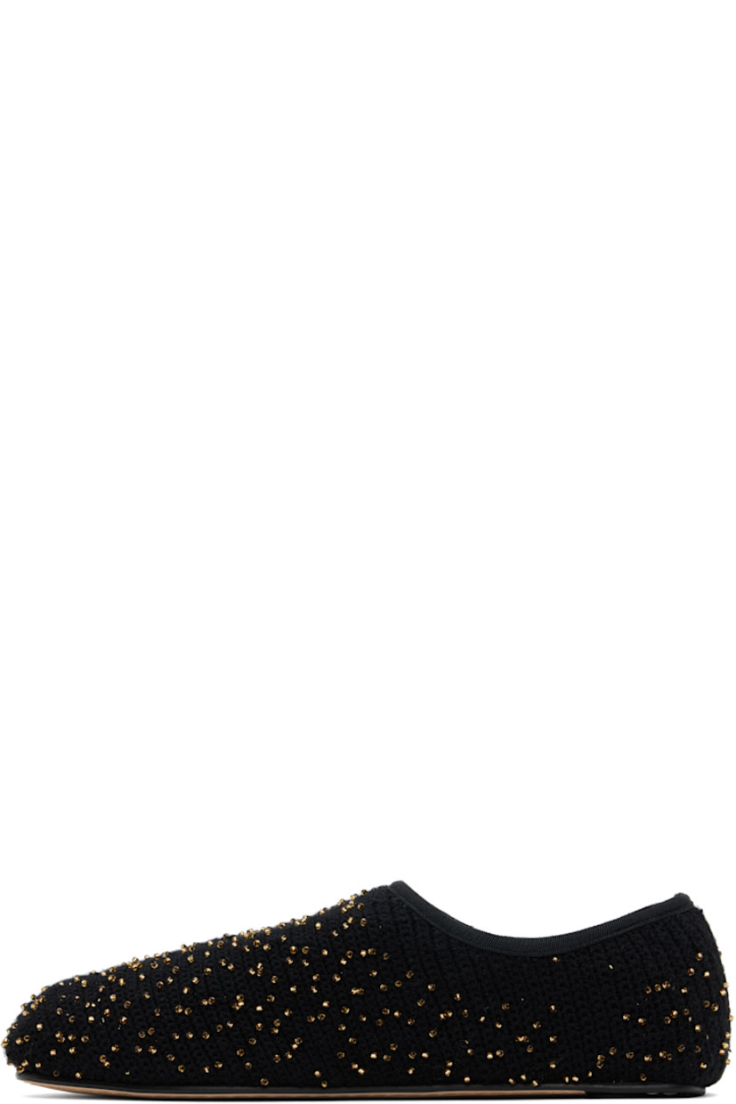 Knit cashmere ballerina flats in black.

· Beaded detailing throughout
· Square toe
· Faille trim at collar
· Buffed leather lining
· Calfskin sole with rubber injection

Supplier color: Black/Gold