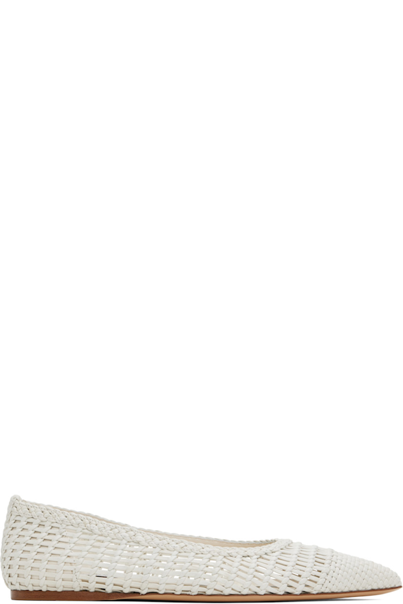 Hand-woven goatskin ballerina flats in off-white.

· Pointed toe
· Buffed calfskin footbed
· Partial suede lining
· Leather sole with rubber injection

Supplier color: Pearlized white