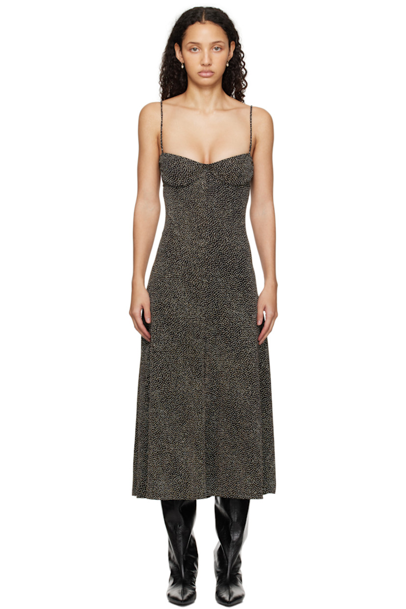 Rib-knit stretch nylon midi dress. Polka dot pattern and metallic thread detailing throughout. 

· Sweetheart neck
· Underwire at cups 
· Adjustable spaghetti straps 
· Unlined 

Supplier color: Black/Gold