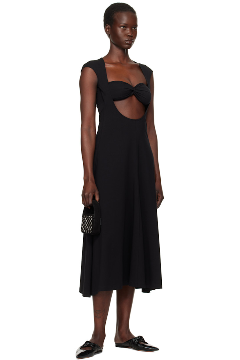 Stretch cotton jersey midi dress.

· Twisted sweetheart neck
· Cutout at front
· Flared hem
· Boning at side seams
· Cap sleeves

Supplier color: Black