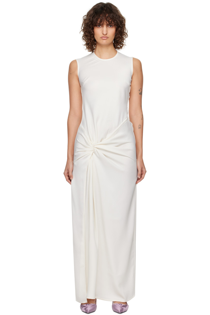 Recycled polyester satin maxi dress.  Draping throughout.

· Round neck 
· Darts at chest
· Slit at hem
· Twisted detailing at side seam
· Concealed zip closure at back
· Unlined 

Supplier color: Porcelain