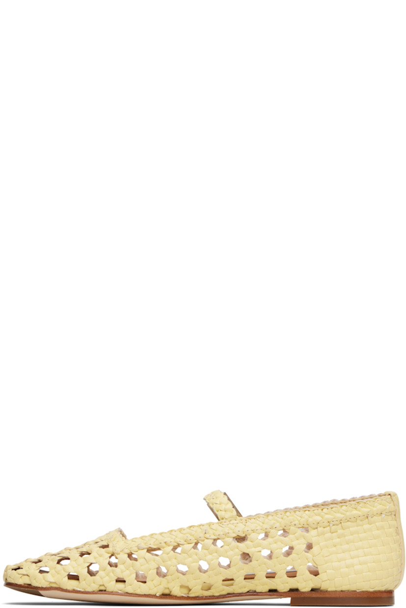 Hand-woven grained leather Mary Jane-style ballerina flats. 

· Square toe 
· Elasticized pin-buckle strap at vamp
· Logo patch at padded footbed
· Unlined
· Leather sole with rubber injections 

Supplier color: Butter