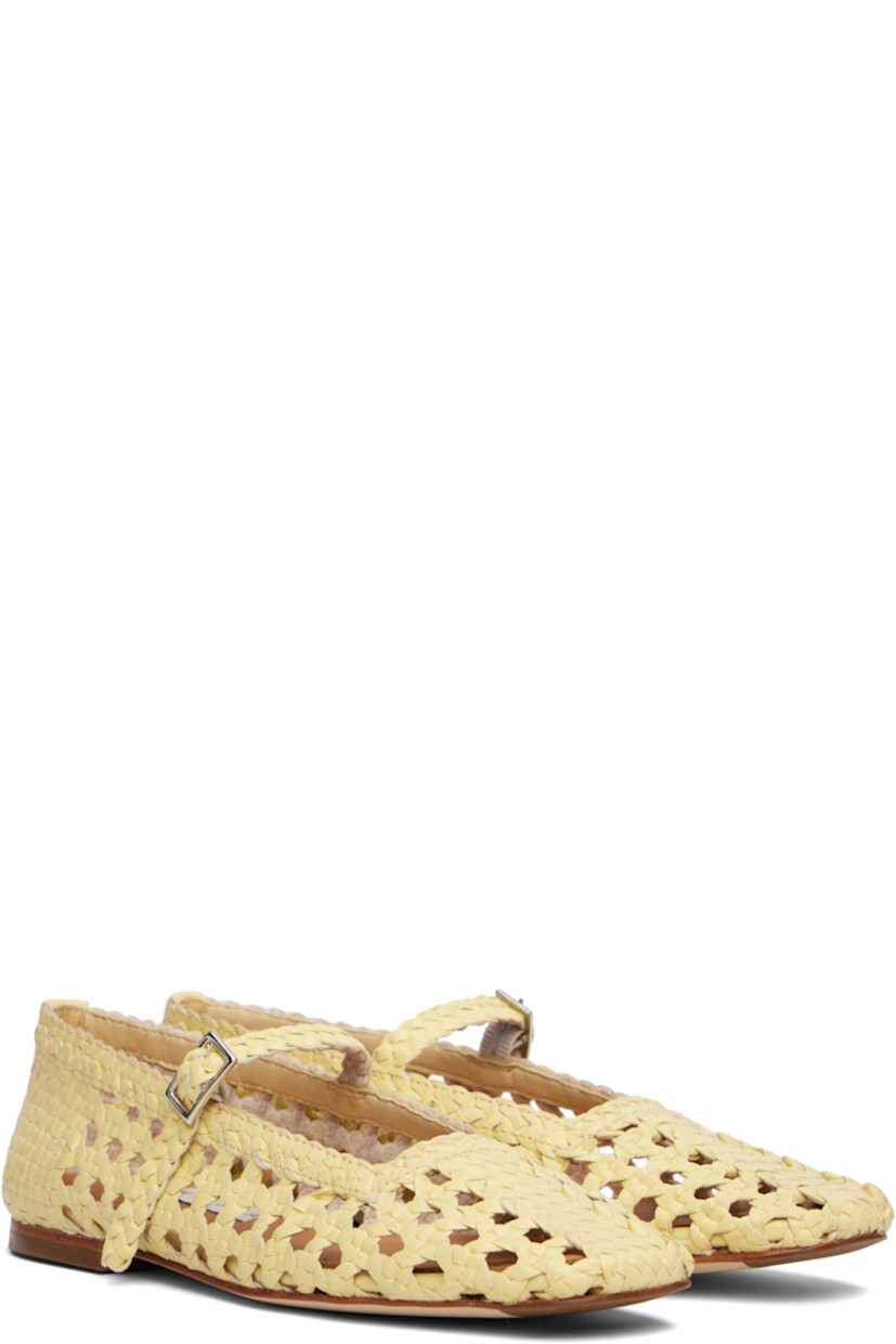 Hand-woven grained leather Mary Jane-style ballerina flats. 

· Square toe 
· Elasticized pin-buckle strap at vamp
· Logo patch at padded footbed
· Unlined
· Leather sole with rubber injections 

Supplier color: Butter