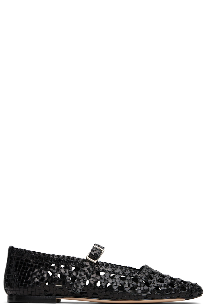 Hand-woven grained leather Mary Jane-style ballerina flats. 

· Square toe 
· Elasticized pin-buckle strap at vamp
· Logo patch at padded footbed
· Unlined
· Leather sole with rubber injections

Supplier color: Black