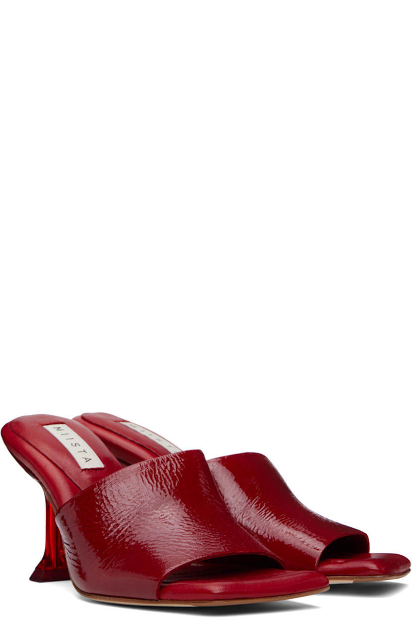 Grained goatskin mules in red.

· Open square toe
· Strap at vamp
· Padded grained leather footbed
· Semi-transparent plexiglass spool heel
· Nubuck sole with rubber injection
· Heel: H3.5"

Supplier color: Dark red