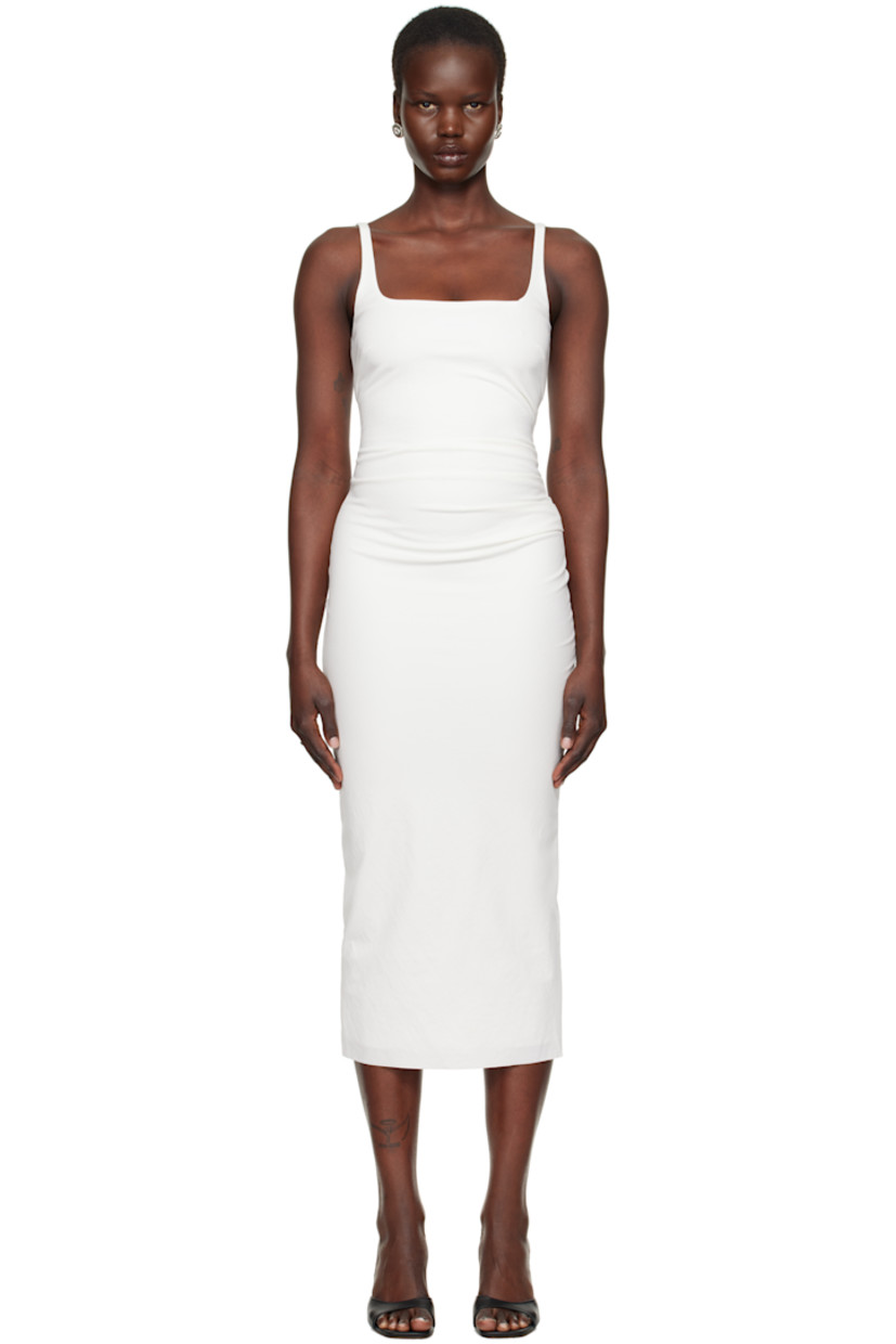 Lightweight stretch viscose-blend twill midi dress.

· Square neck
· Darts at front
· Gathering at side seam
· Raw edge hem
· Low back
· Fully lined

Supplier color: White