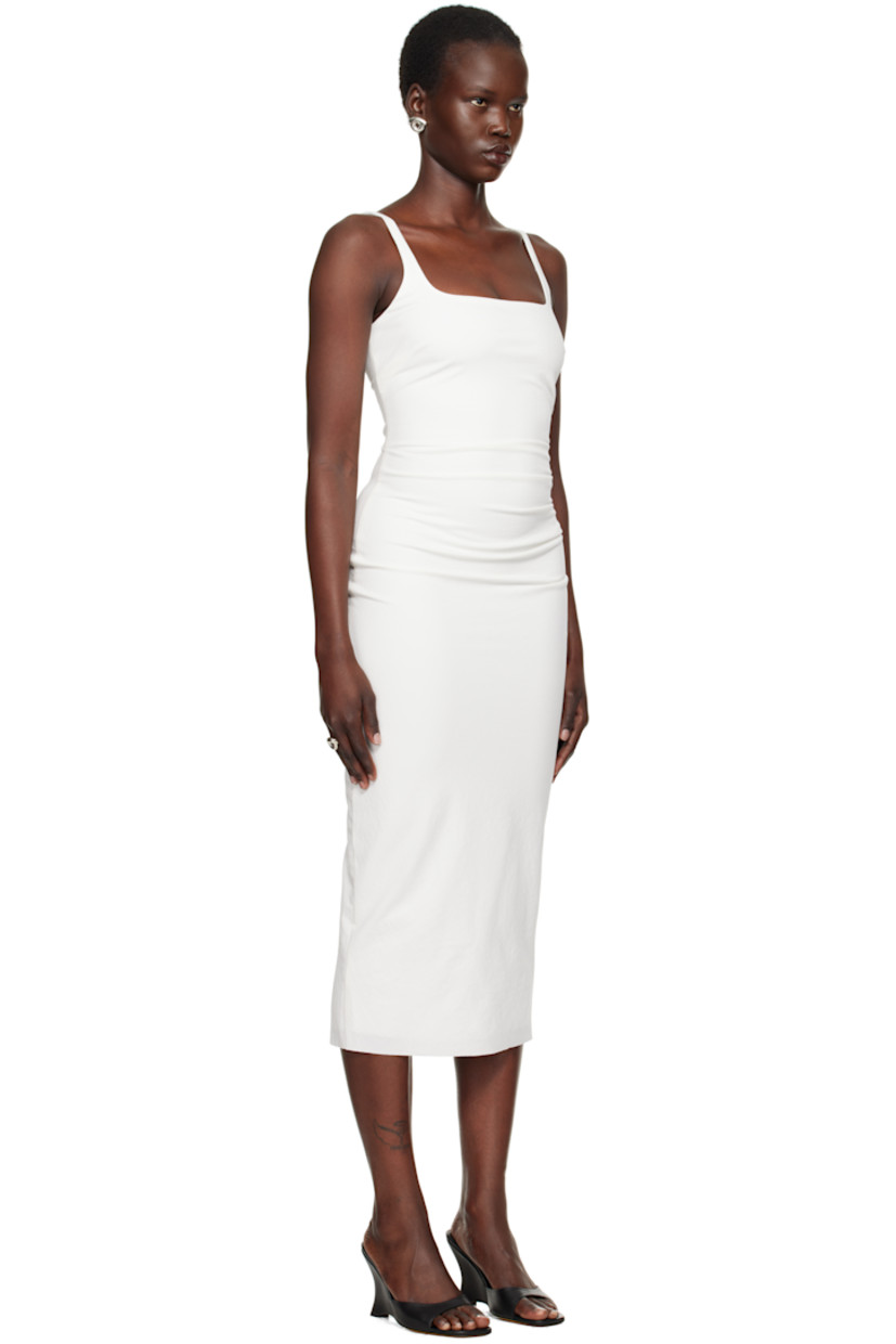 Lightweight stretch viscose-blend twill midi dress.

· Square neck
· Darts at front
· Gathering at side seam
· Raw edge hem
· Low back
· Fully lined

Supplier color: White