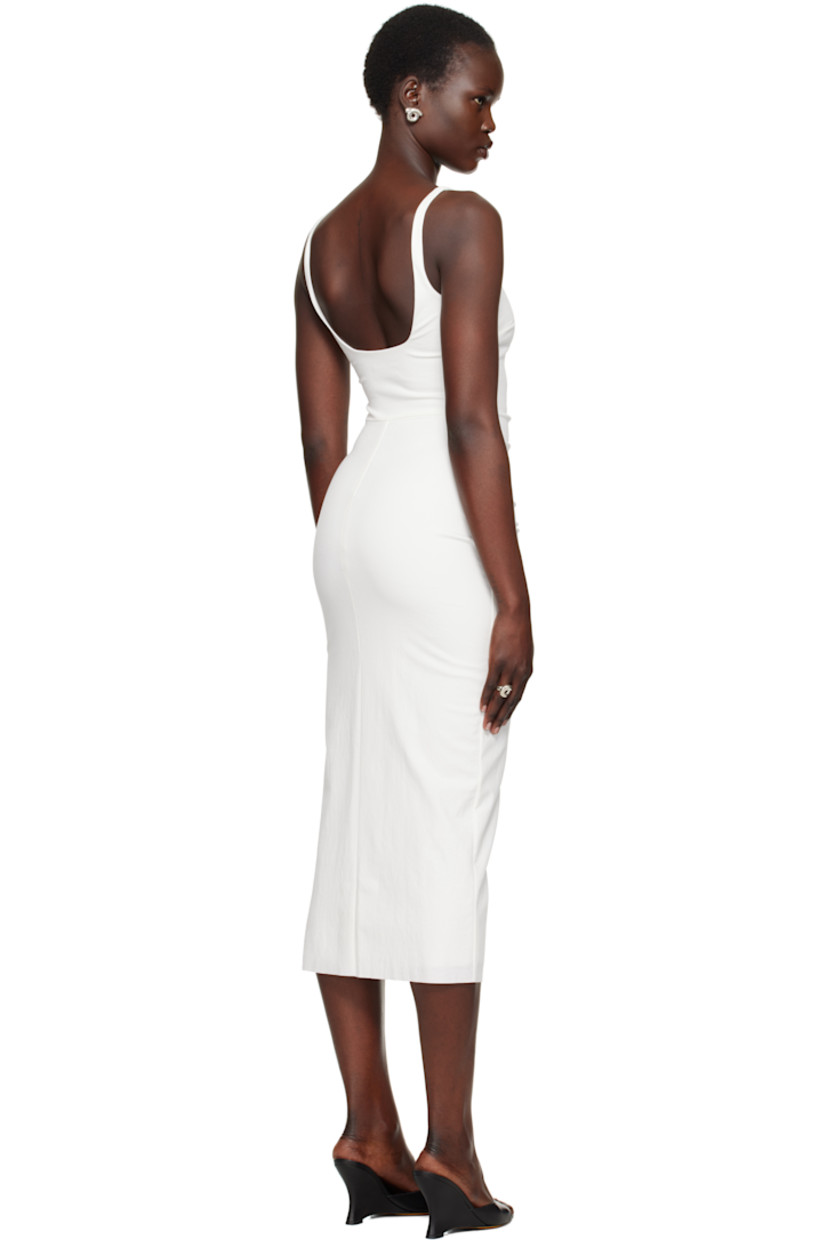 Lightweight stretch viscose-blend twill midi dress.

· Square neck
· Darts at front
· Gathering at side seam
· Raw edge hem
· Low back
· Fully lined

Supplier color: White