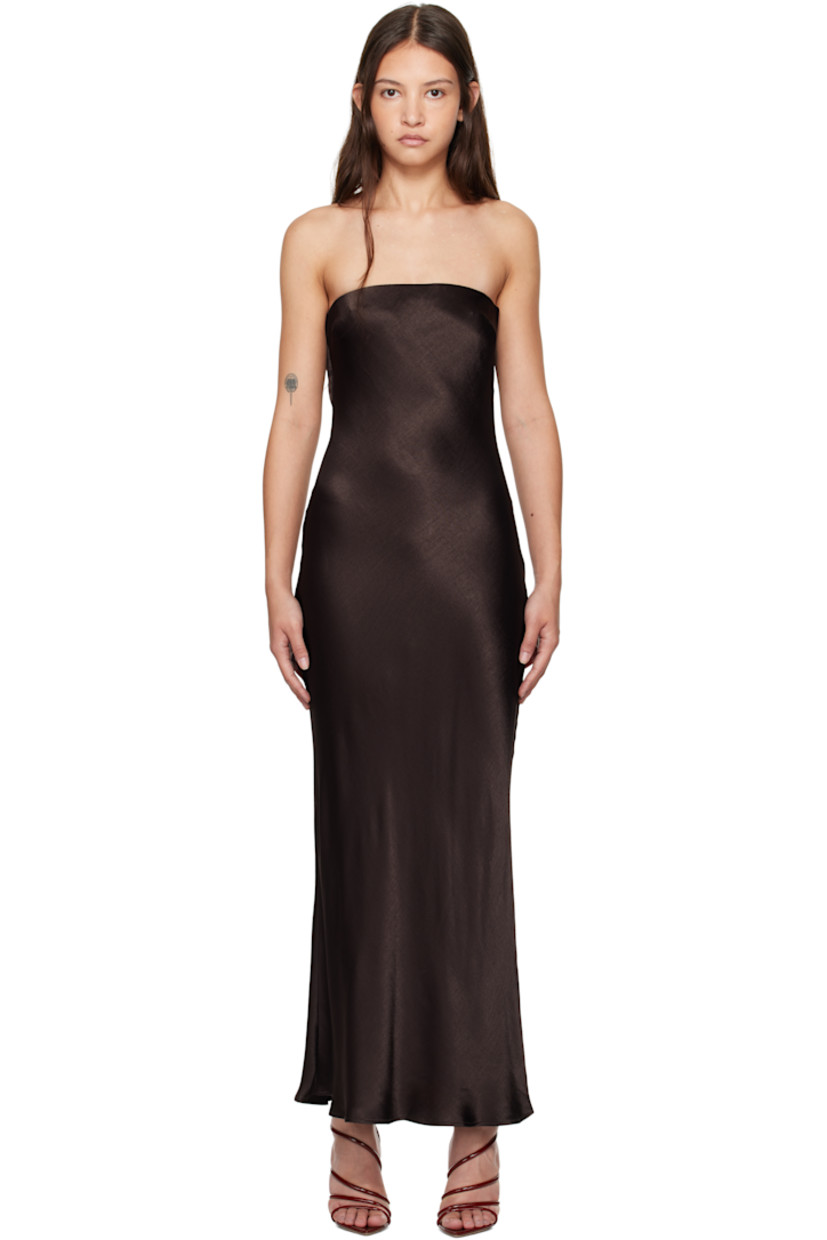 Bias-cut viscose satin maxi dress.

· Elasticized straight neck
· Darts at chest
· Hook-eye fastening at back
· Draping at low back
· Unlined

Supplier color: Dark chocolate