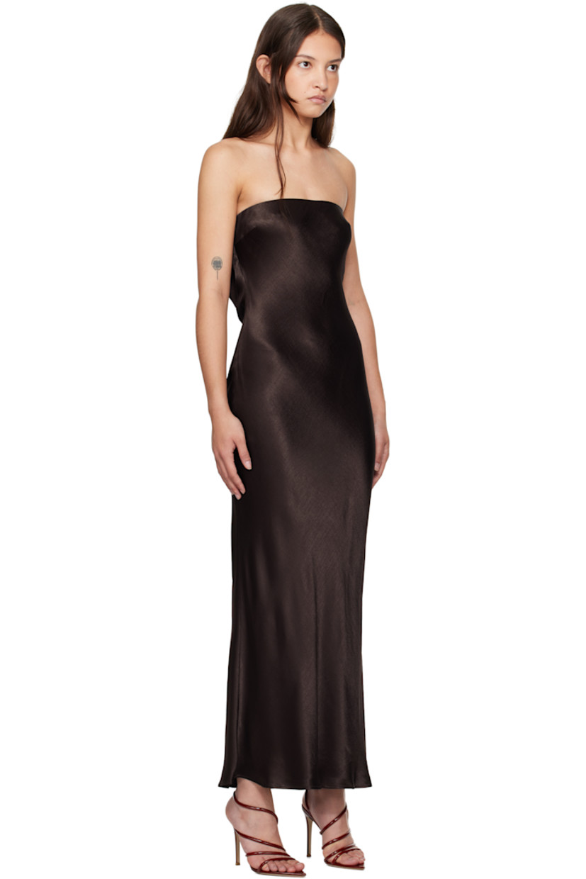 Bias-cut viscose satin maxi dress.

· Elasticized straight neck
· Darts at chest
· Hook-eye fastening at back
· Draping at low back
· Unlined

Supplier color: Dark chocolate