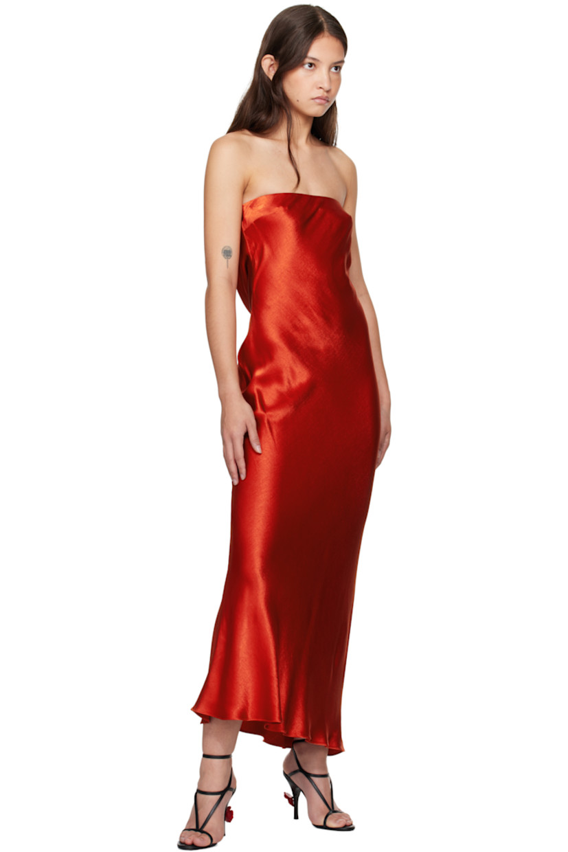 Bias-cut viscose satin maxi dress.

· Elasticized straight neck
· Darts at chest
· Hook-eye fastening at back
· Draping at low back
· Unlined

Supplier color: Crimson
