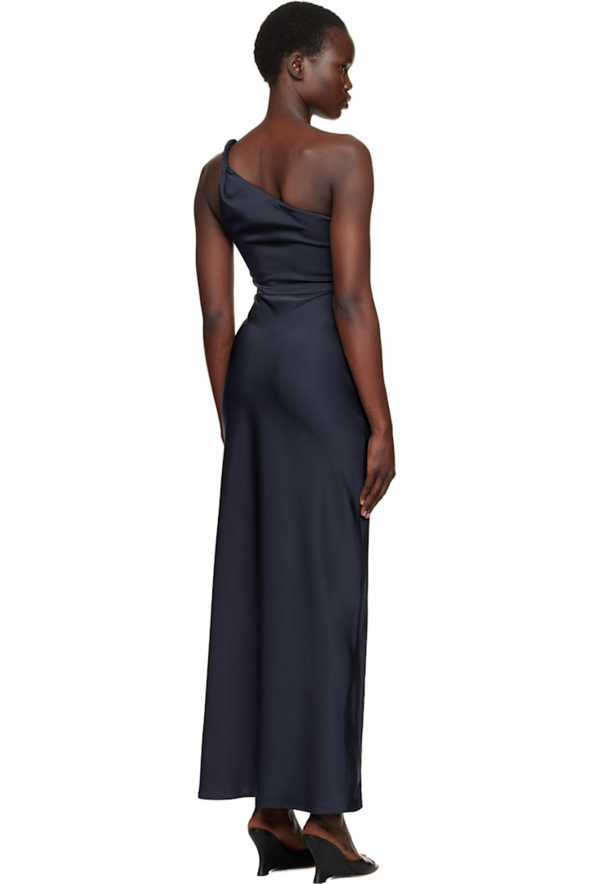 Recycled polyester-blend satin maxi dress. Gathering throughout.

· Single-shoulder construction
· Zip closure at side seam
· Twisted detailing at shoulder
· Fully lined

Supplier color: Ink