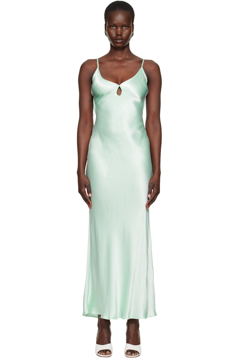 Bias-cut viscose satin maxi dress.

· Plunging V-neck
· Keyhole at chest
�· Sliding spaghetti straps
· Self-tie fastening at open back
· Unlined

Supplier color: Mint