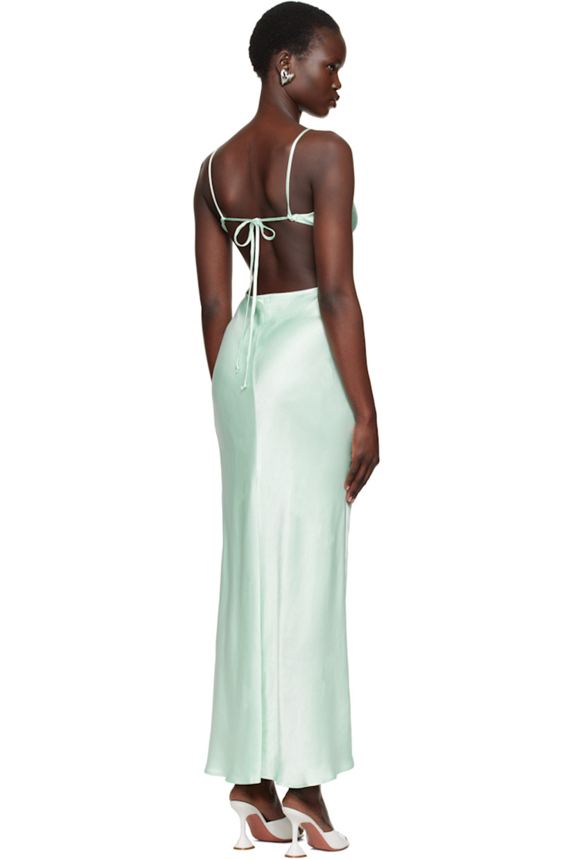 Bias-cut viscose satin maxi dress.

· Plunging V-neck
· Keyhole at chest
· Sliding spaghetti straps
· Self-tie fastening at open back
· Unlined

Supplier color: Mint