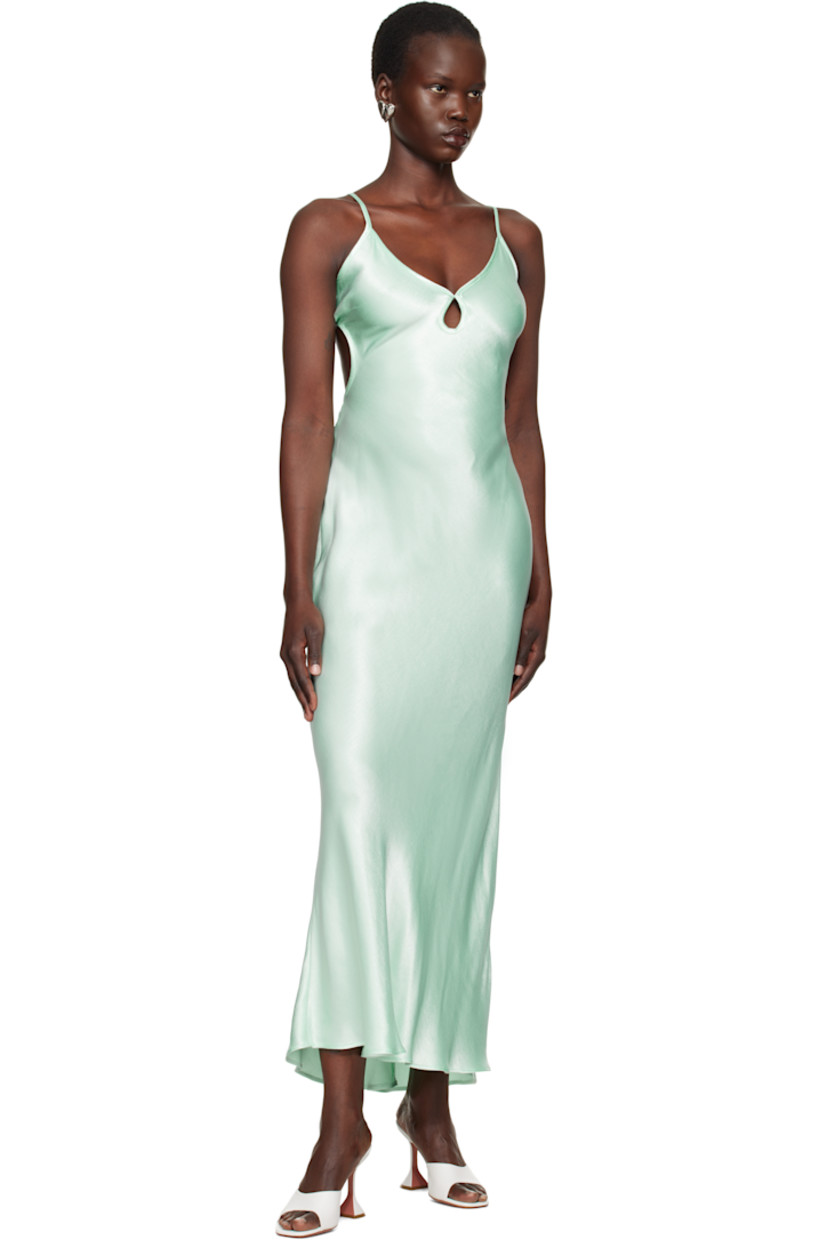 Bias-cut viscose satin maxi dress.

· Plunging V-neck
· Keyhole at chest
· Sliding spaghetti straps
· Self-tie fastening at open back
· Unlined

Supplier color: Mint