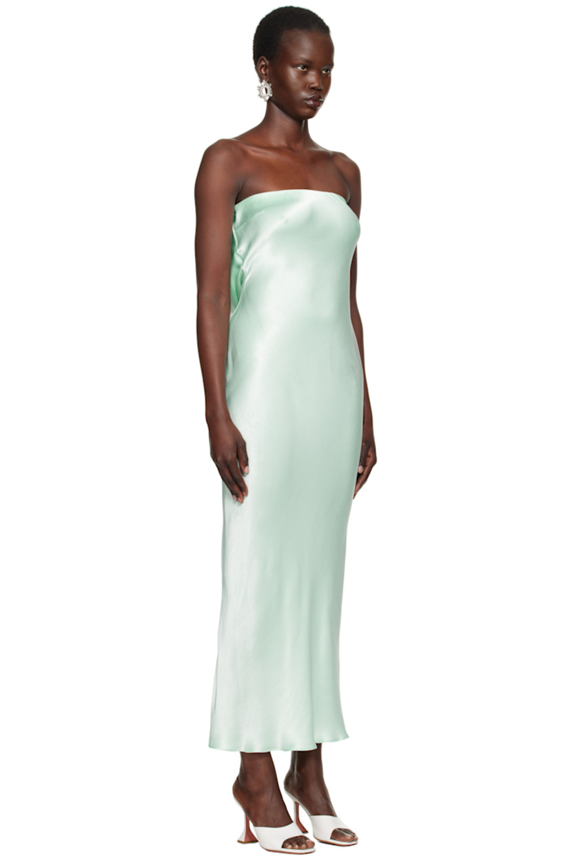Bias-cut viscose satin maxi dress.

· Elasticized straight neck
· Darts at chest
· Hook-eye fastening at back
· Draping at low back
· Unlined

Supplier color: Mint