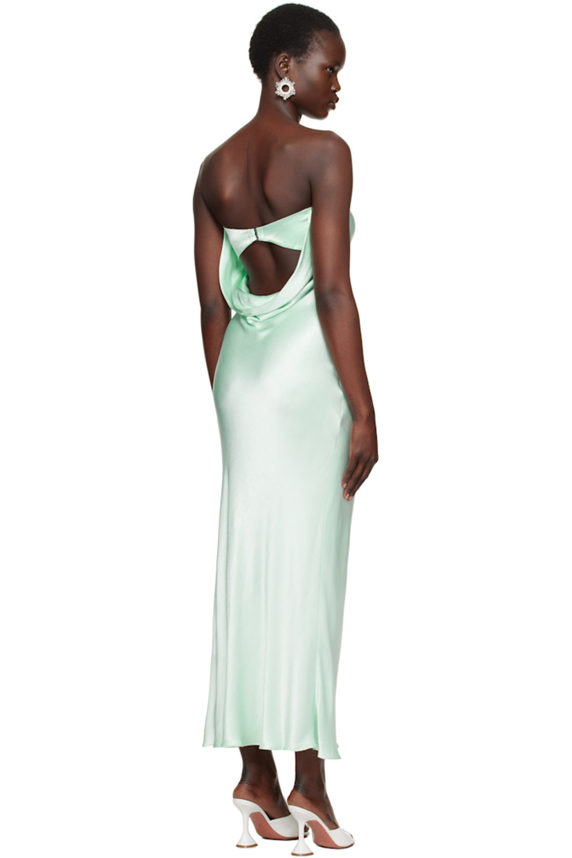 Bias-cut viscose satin maxi dress.

· Elasticized straight neck
· Darts at chest
· Hook-eye fastening at back
· Draping at low back
· Unlined

Supplier color: Mint