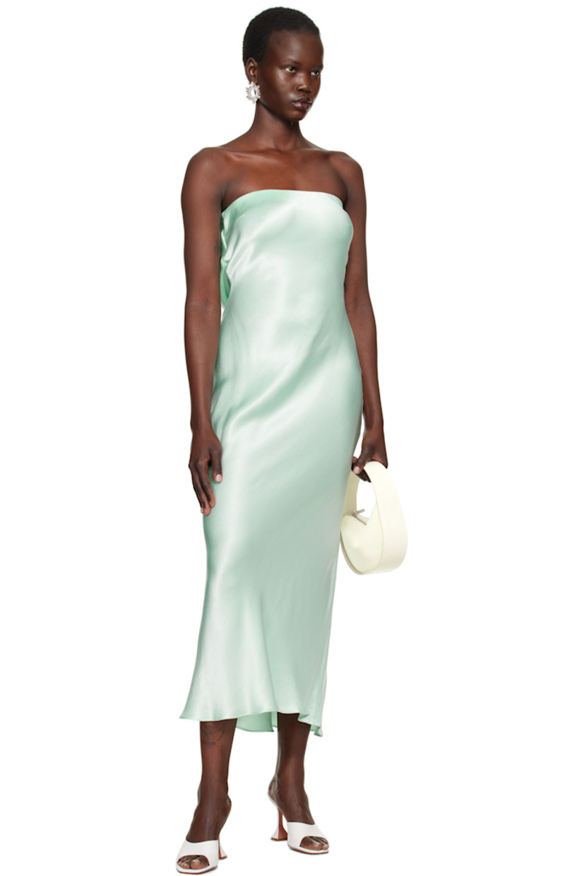 Bias-cut viscose satin maxi dress.

· Elasticized straight neck
· Darts at chest
· Hook-eye fastening at back
· Draping at low back
· Unlined

Supplier color: Mint