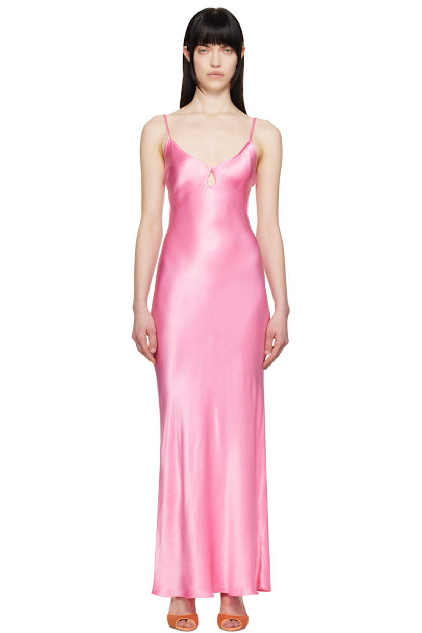 Bias-cut viscose satin maxi dress.

· Plunging V-neck
· Keyhole at chest
· Adjustable self-tie spaghetti straps
· Open back
· Unlined

Supplier color: Candy pink