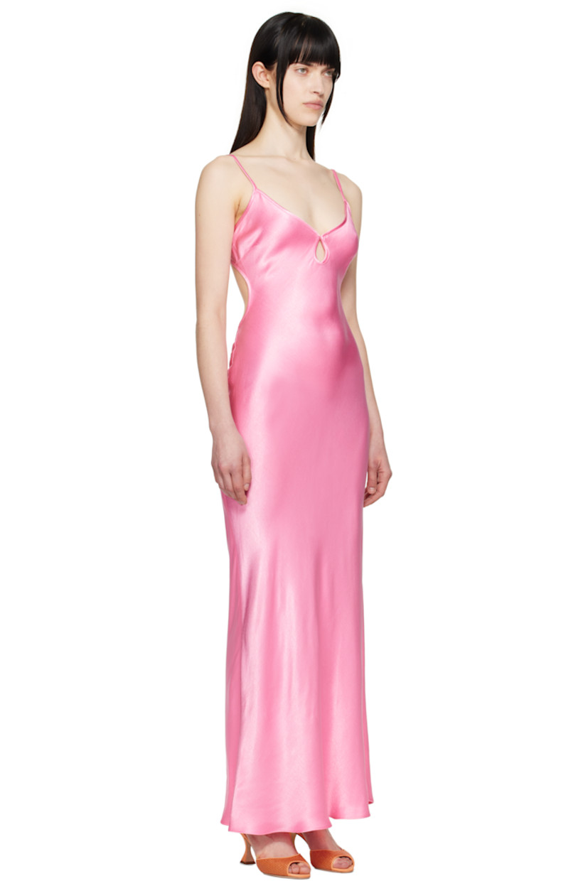 Bias-cut viscose satin maxi dress.

· Plunging V-neck
· Keyhole at chest
· Adjustable self-tie spaghetti straps
· Open back
· Unlined

Supplier color: Candy pink