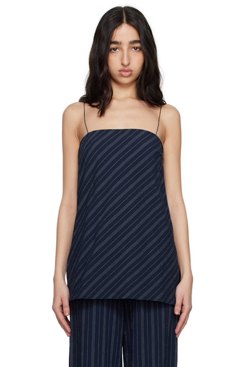 Stretch cotton seersucker top. Stripes throughout. 

· Straight neck
· Darts at chest
· Vented side seams 
· Concealed zip closure at side
· Fixed spaghetti straps
· Tucks at back 
· Integrated bra-style underlay with elasticized hem

Supplier color: Ink/Ivory stripe