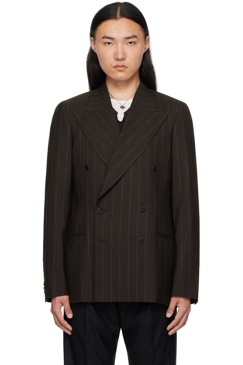 Virgin wool delaine blazer. Pinstripes throughout.

· Peaked lapel
· Double-breasted button closure
· Welt pockets
· Padded shoulders
· Surgeon's cuffs
· Welt pocket at interior
· Partial viscose satin lining

Supplier color: Dark grey pinstripe