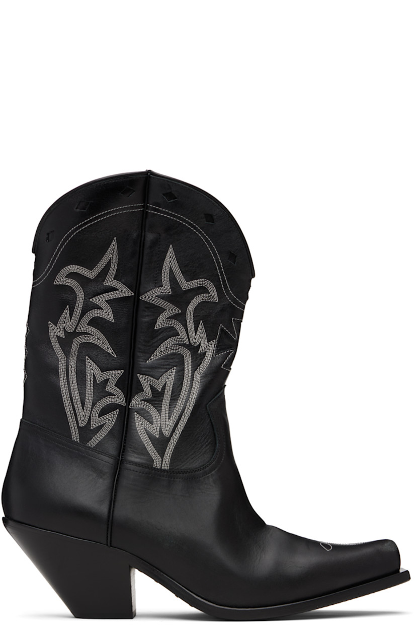 Ankle-high grained calfskin boots.

· Embroidered detailing throughout
· Pointed toe
· Graphic cutouts at vamp and collar
· Concealed pull-loops at collar
· Stacked leather heel with rubber injection
· Leather sole
· Contrast stitching in white
· Heel: H2.5"

Supplier color: Black/Cream