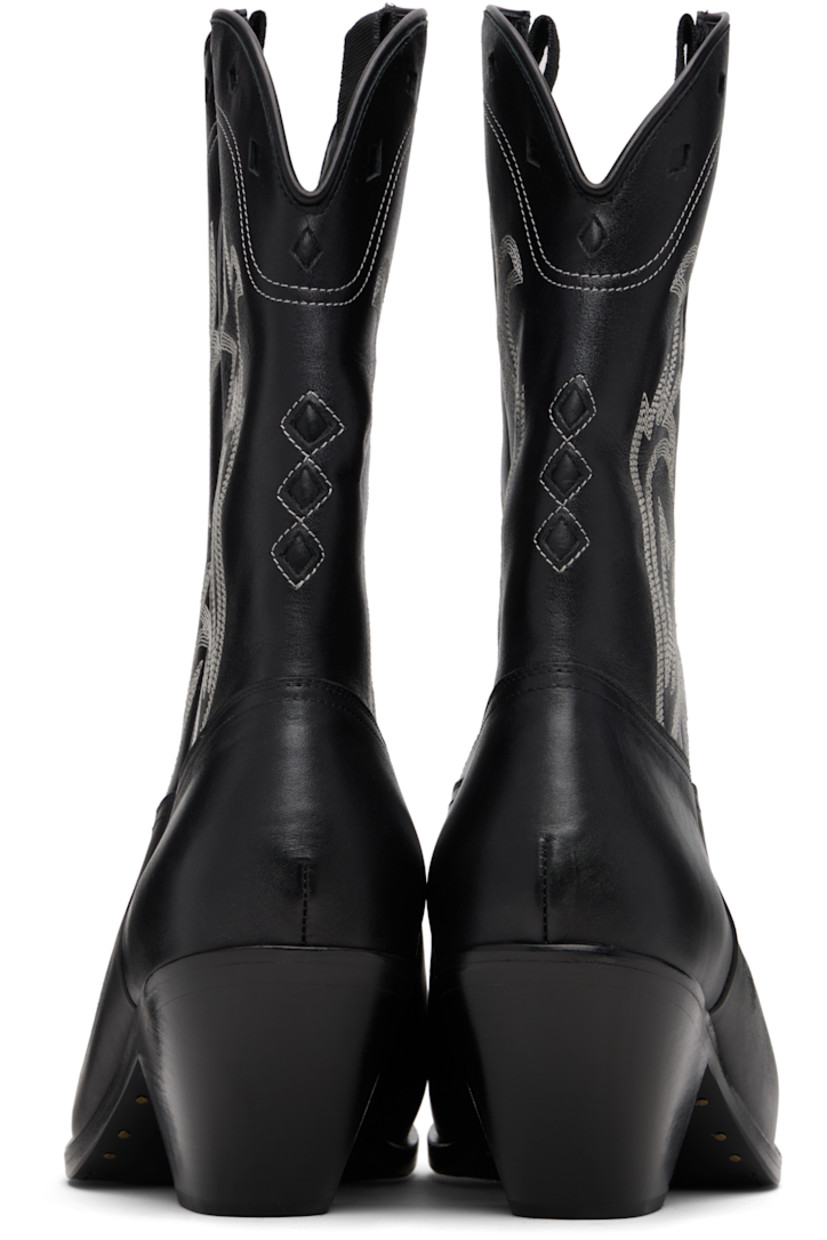 Ankle-high grained calfskin boots.

· Embroidered detailing throughout
· Pointed toe
· Graphic cutouts at vamp and collar
· Concealed pull-loops at collar
· Stacked leather heel with rubber injection
· Leather sole
· Contrast stitching in white
· Heel: H2.5"

Supplier color: Black/Cream