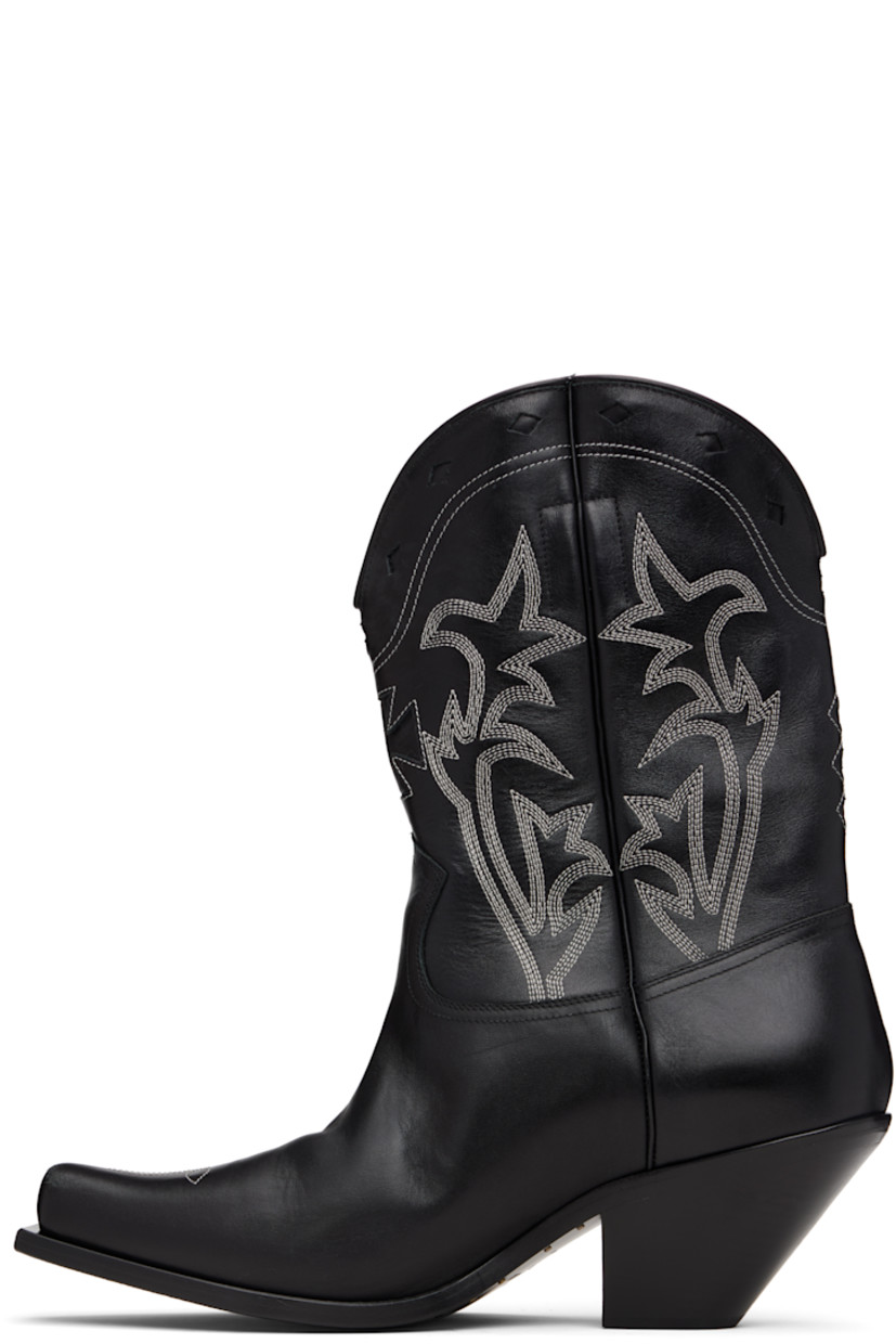 Ankle-high grained calfskin boots.

· Embroidered detailing throughout
· Pointed toe
· Graphic cutouts at vamp and collar
· Concealed pull-loops at collar
· Stacked leather heel with rubber injection
· Leather sole
· Contrast stitching in white
· Heel: H2.5"

Supplier color: Black/Cream
