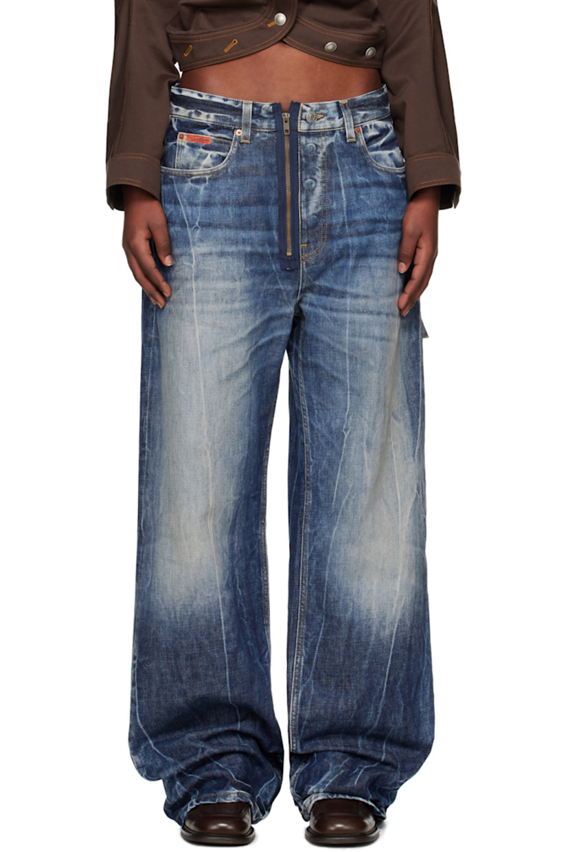 Loose-fit non-stretch denim jeans. Bleaching, fading, and whiskering throughout. 

· Belt loops
· Five-pocket styling
· Exposed zip fly
· Logo patch embroidered at coin pocket
· Hammer loop at outseam
· Logo patch at back waistband
· Contrast stitching in tan

Supplier color: Blue