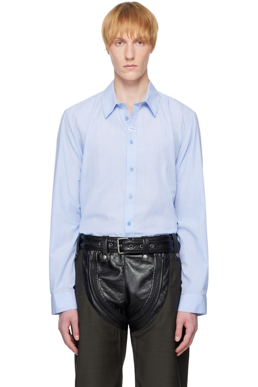 Lightweight cotton poplin shirt. Stripes throughout.

· Spread collar
· Button closure
· Logo patch at placket
· Shirttail hem
· Single-button barrel cuffs
· Box pleat at back yoke

Supplier color: Blue/White