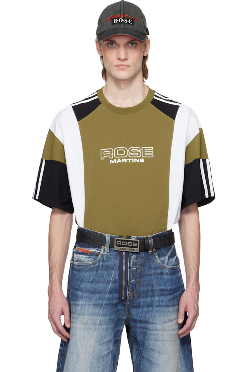 Cotton jersey T-shirt. 

· Paneled construction 
· Rib-knit crewneck
· Logo printed at chest
· Dropped saddle shoulders 
· Stripes at sleeves

Supplier color: Green khaki