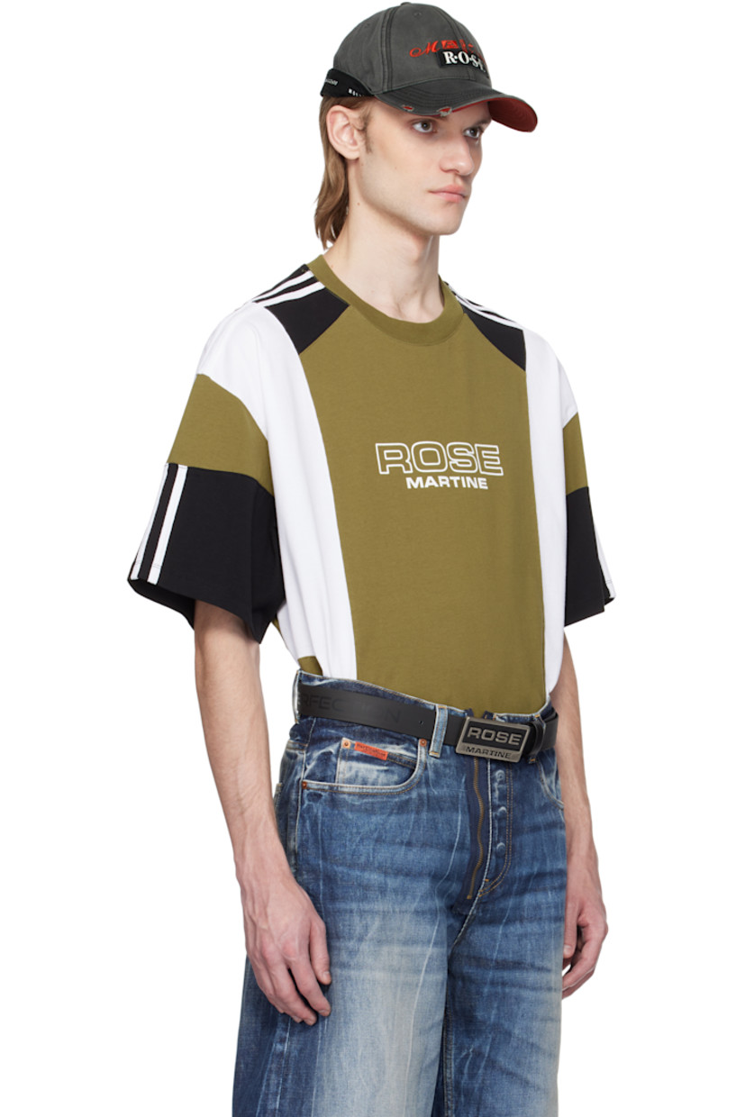Cotton jersey T-shirt. 

· Paneled construction 
· Rib-knit crewneck
· Logo printed at chest
· Dropped saddle shoulders 
· Stripes at sleeves

Supplier color: Green khaki