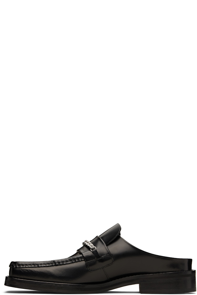 Polished calfskin mules in black.

· Square moc toe
· Strap and curb chain at vamp
· Stacked leather heel and midsole
· Polished leather sole with rubber injections
· Silver-tone hardware
· Heel: H1.25"

Supplier color: Black