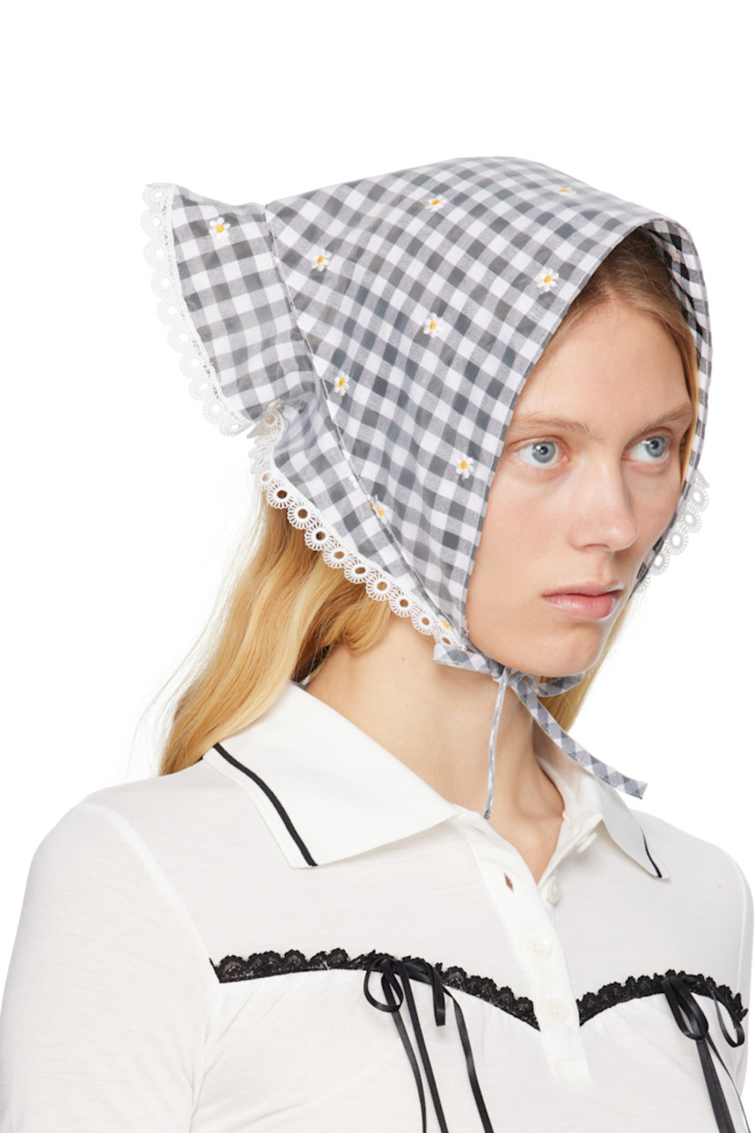 Plain-woven and organza headscarf in black and white. 

· Gingham and embroidered floral pattern throughout 
· Lace detailing and ruffles at scalloped edges
· Self-tie cinch strap 
· H13.5" x W19" 

Supplier color: Black/Multi