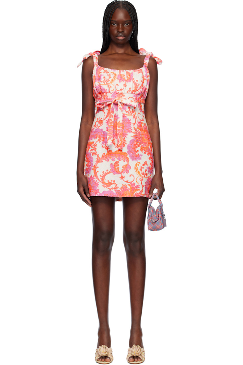 Plain-woven cotton-blend minidress. Floral pattern printed throughout. 

· Off-the-shoulder construction
· Gathering at straight neck
· Self-tie fastening at waist 
· Self-tie shoulder straps
· Concealed zip closure at back

Supplier color: Coral multi