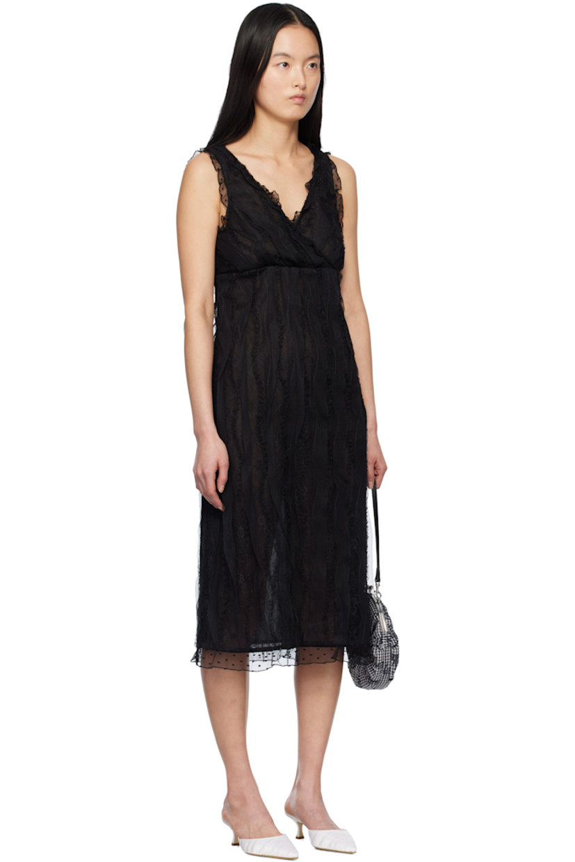 Semi-sheer polyester-blend lace midi dress. Gathering, ruffles, jacquard polka dots, and floral pattern throughout.

· Slim-fit
· V-neck
· Concealed zip closure at side seam
· Full crepe lining

Supplier color: Black