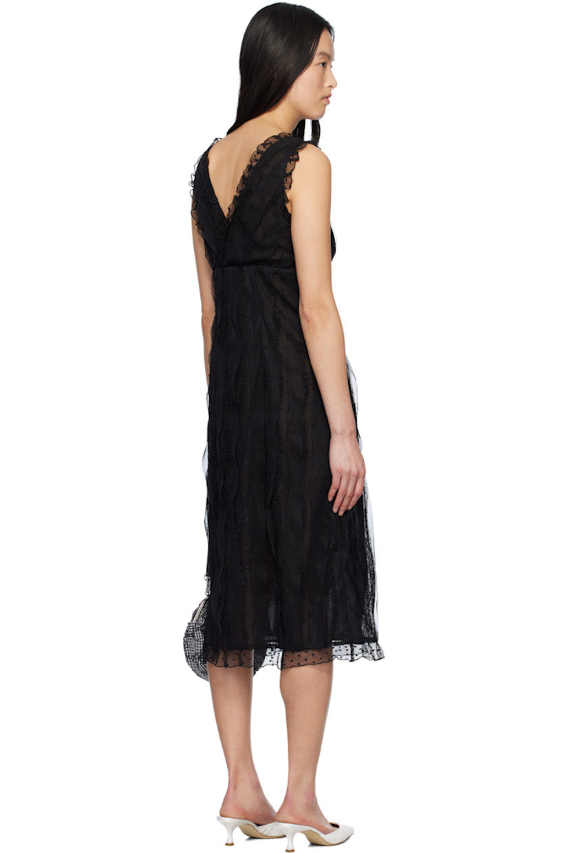 Semi-sheer polyester-blend lace midi dress. Gathering, ruffles, jacquard polka dots, and floral pattern throughout.

· Slim-fit
· V-neck
· Concealed zip closure at side seam
· Full crepe lining

Supplier color: Black