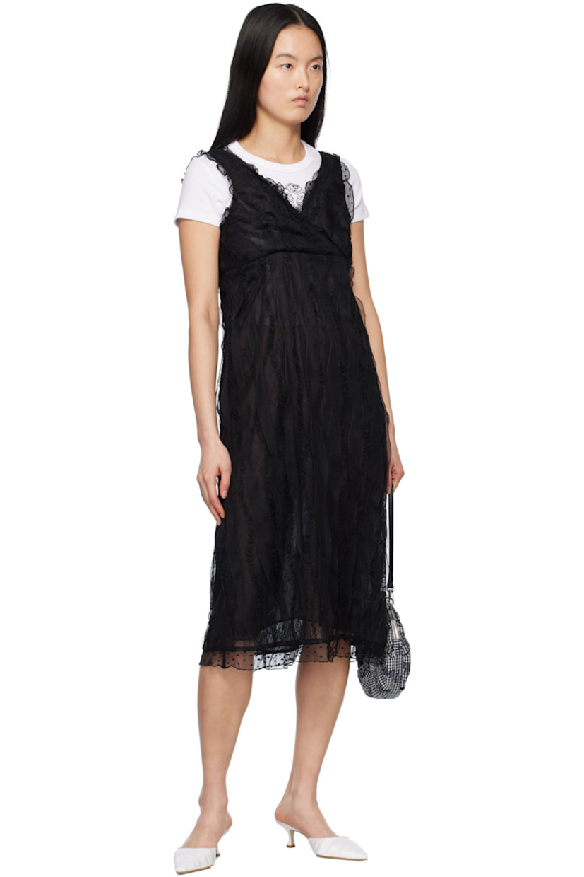 Semi-sheer polyester-blend lace midi dress. Gathering, ruffles, jacquard polka dots, and floral pattern throughout.

· Slim-fit
· V-neck
· Concealed zip closure at side seam
· Full crepe lining

Supplier color: Black