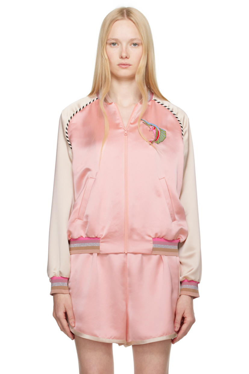 Polyester satin bomber jacket. 

· Striped rib-knit stand collar, hem, and cuffs
· Zip closure
· Graphic embroidered at chest
· Welt pockets
· Striped piping at raglan sleeves
· Logo and graphics embroidered at back

Supplier color: Pastel pink