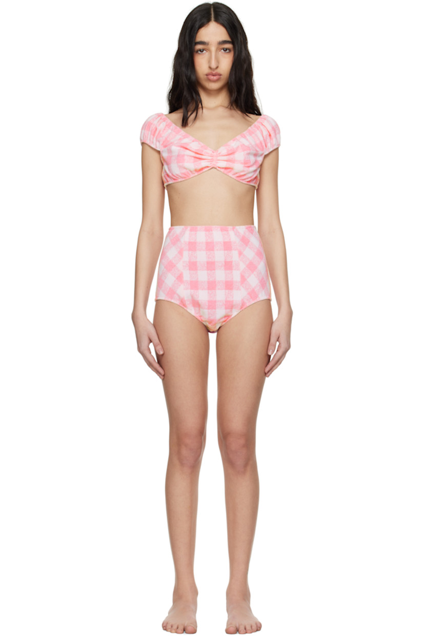 Knit polyester- and cotton-blend terry bikini top. Check pattern and elasticized trim throughout.

· Off-the-shoulder construction
· Ruching at front
· Unlined

Knit polyester- and cotton-blend terry bikini bottom. Check pattern and elasticized trim throughout.

· High-rise
· Partial jersey lining

Supplier color: Pink