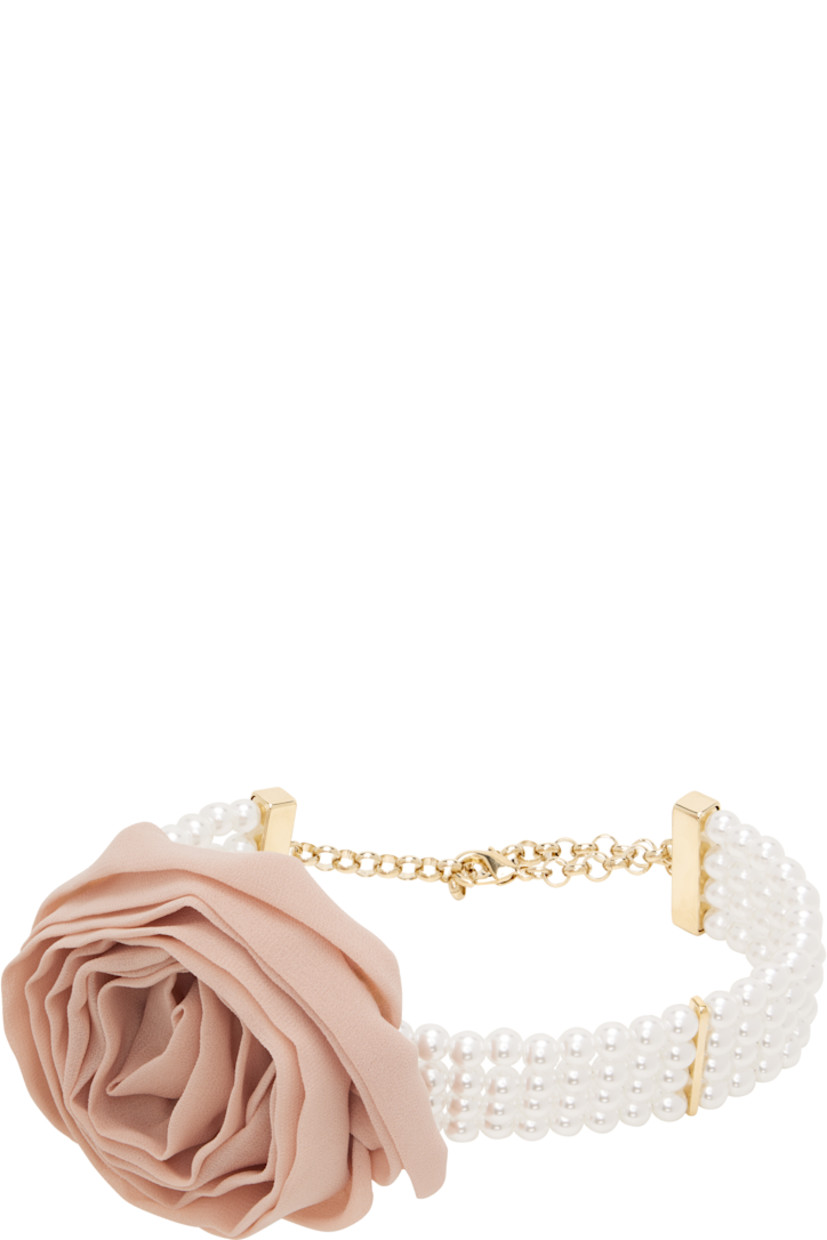 Tiered faux-pearl choker in white. 

· Detachable georgette floral appliqué at face 
· Logo charm at adjustable lobster-clasp fastening 
· Logo-engraved silver-tone brass hardware
· L15.5"

Supplier color: Ivory/Cameo rose