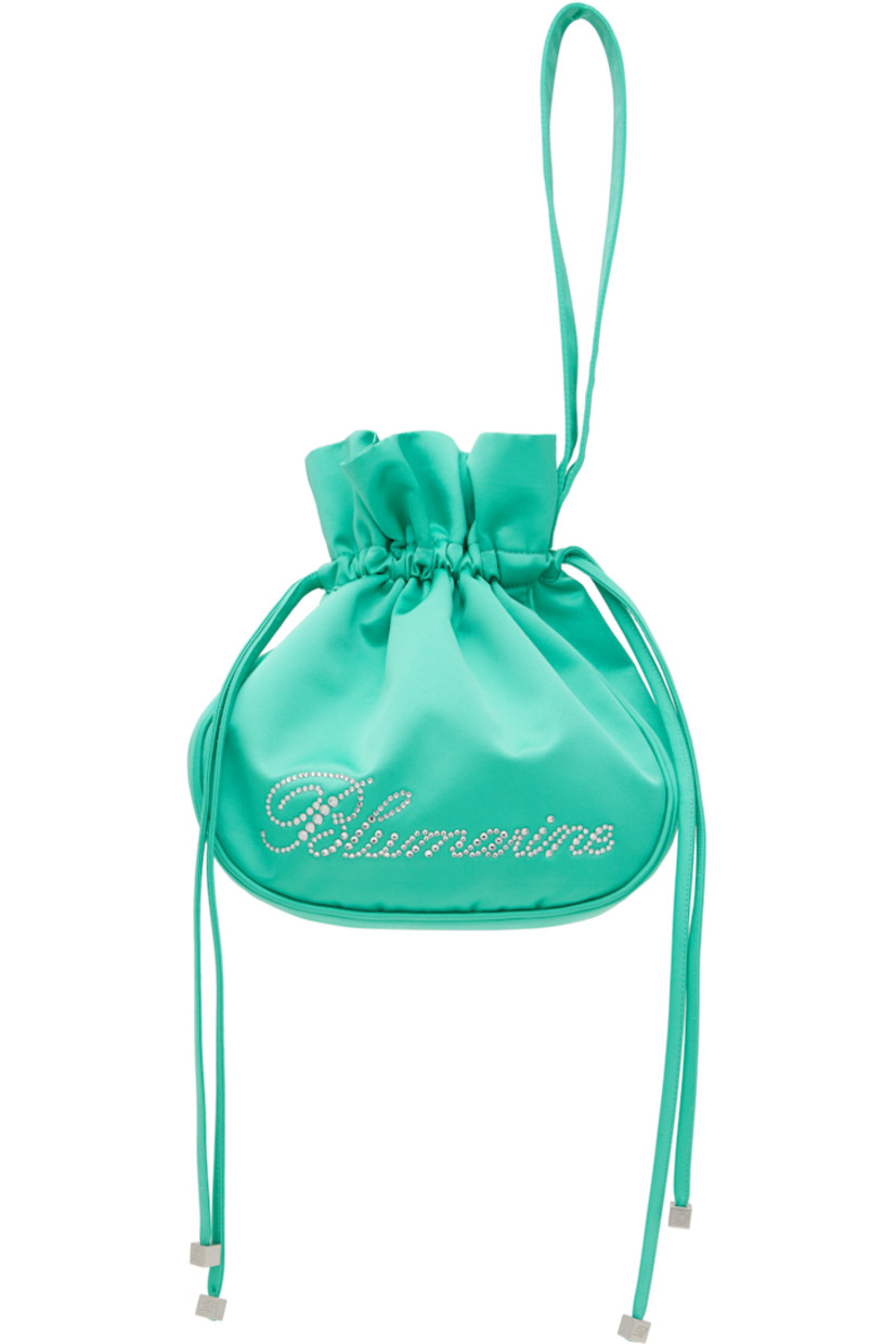 Satin pouch in green. 

· Wristlet at side
· Crystal-cut logo appliqué at face
· Drawstring closure
· Fully lined
· H6" x W7" x D3"

Supplier color: Sea green
