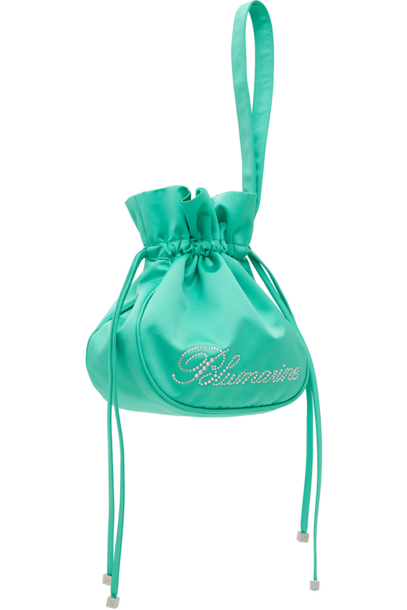 Satin pouch in green. 

· Wristlet at side
· Crystal-cut logo appliqué at face
· Drawstring closure
· Fully lined
· H6" x W7" x D3"

Supplier color: Sea green