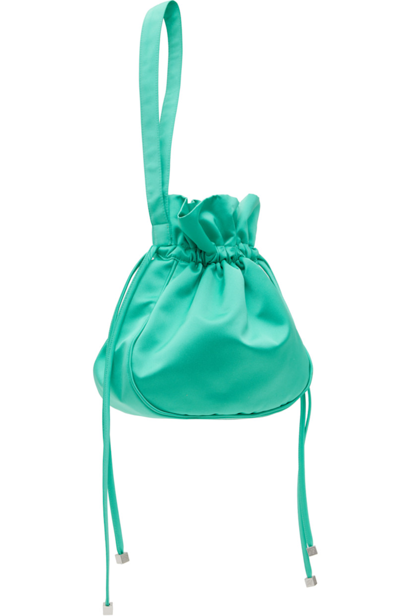 Satin pouch in green. 

· Wristlet at side
· Crystal-cut logo appliqué at face
· Drawstring closure
· Fully lined
· H6" x W7" x D3"

Supplier color: Sea green
