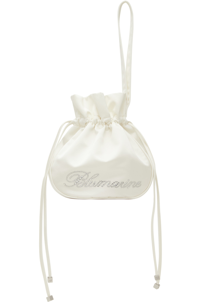 Satin pouch in white.

· Wristlet at side
· Crystal-cut logo appliqués at face
· Drawstring closure
· Fully lined
· H6" x W7" x D3"

Available exclusively at SSENSE.

Supplier color: White pearl